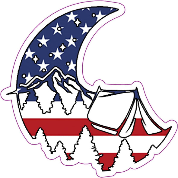 Camping American Flag Vinyl Decal - Patriotic Moon Bumper Sticker