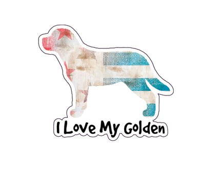 I Love My Golden Distressed Flag Vinyl Decal - Retriever Dog Bumper Sticker