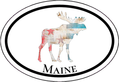 Oval Maine Moose Distressed Flag Vinyl Decal - Mountain Bumper Sticker