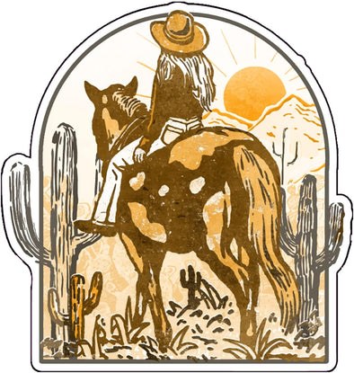 Cowgirl Desert Sunset Vinyl Decal - Western Bumper Sticker