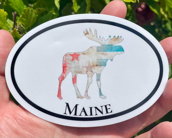 Oval Maine Moose Distressed Flag Vinyl Decal - Mountain Bumper Sticker