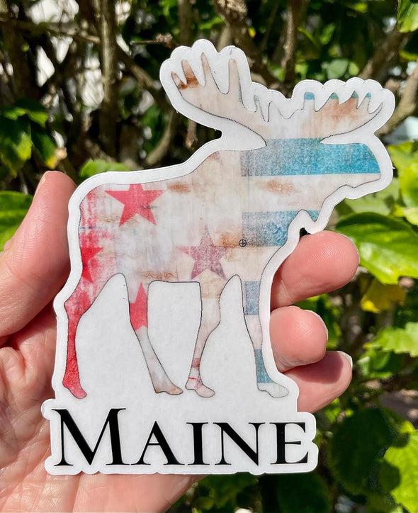 Maine Moose Distressed Flag Vinyl Decal - Maine Bumper Sticker