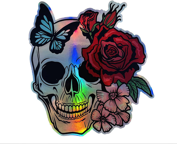 Butterfly Rose Skull Holographic Vinyl Decal - Flower Skull Bumper Sticker