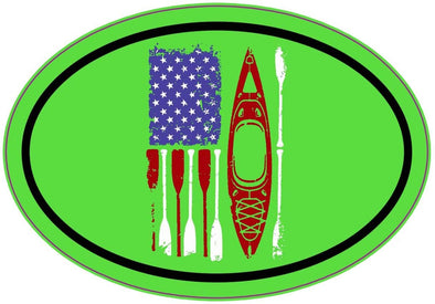 Oval Green Distressed American Flag Kayak Decal - Kayaking Bumper Sticker