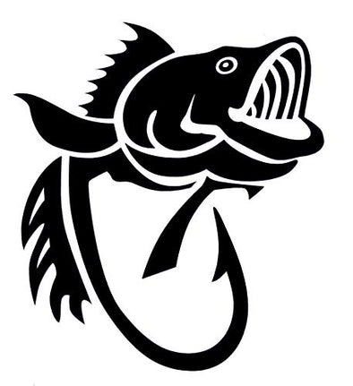 WickedGoodz Bass Fish Hook Vinyl Decal Transfer - Fishing Sticker - Gold, White, or Black 5" and 8"-WickedGoodz