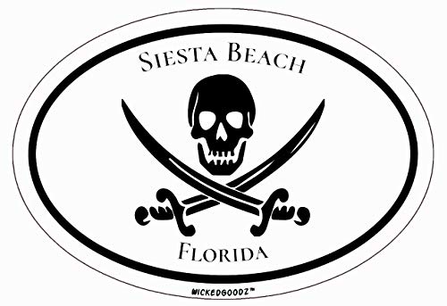 WickedGoodz Oval Siesta Key Beach Vinyl Decal - Pirate Jolly Roger Bumper Sticker - Florida Beach Vacation Souvenir Gift-WickedGoodz