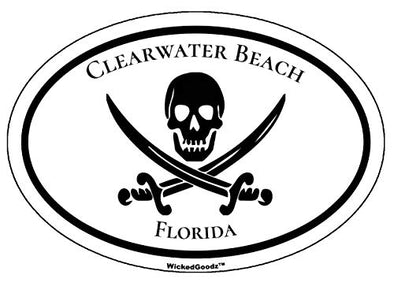 WickedGoodz Oval Clearwater Beach Pirate Vinyl Decal - Florida Bumper Sticker - Beach Vacation Souvenir Gift-WickedGoodz