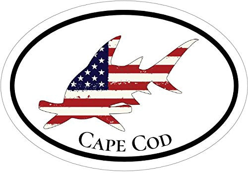WickedGoodz Oval Vinyl American Flag Hammerhead Shark Vinyl Decal - Cape Cod Bumper Sticker - Perfect Massachusetts Vacation Gift-WickedGoodz