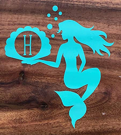 Custom Mermaid Initial Monogram Vinyl Decal - Beach Bumper Sticker, for Tumblers, Laptops, Car Windows -Shell & Bubbles Design-WickedGoodz