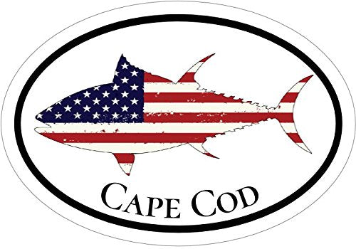 WickedGoodz Oval American Flag Tuna Cape Cod Decal - Beach Bumper Sticker - Perfect Massachusetts Vacation Gift-WickedGoodz